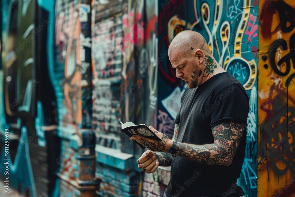 A man with a bald head stands in front of a vibrant wall covered in graffiti, A professor with a shaved head and tattoos, standing in front of a graffiti-covered wall and reciting poetry A man with a bald head stands in front of a vibrant wall covered in graffiti, A professor with a shaved head and tattoos, standing in front of a graffiti-covered wall and reciting poetry