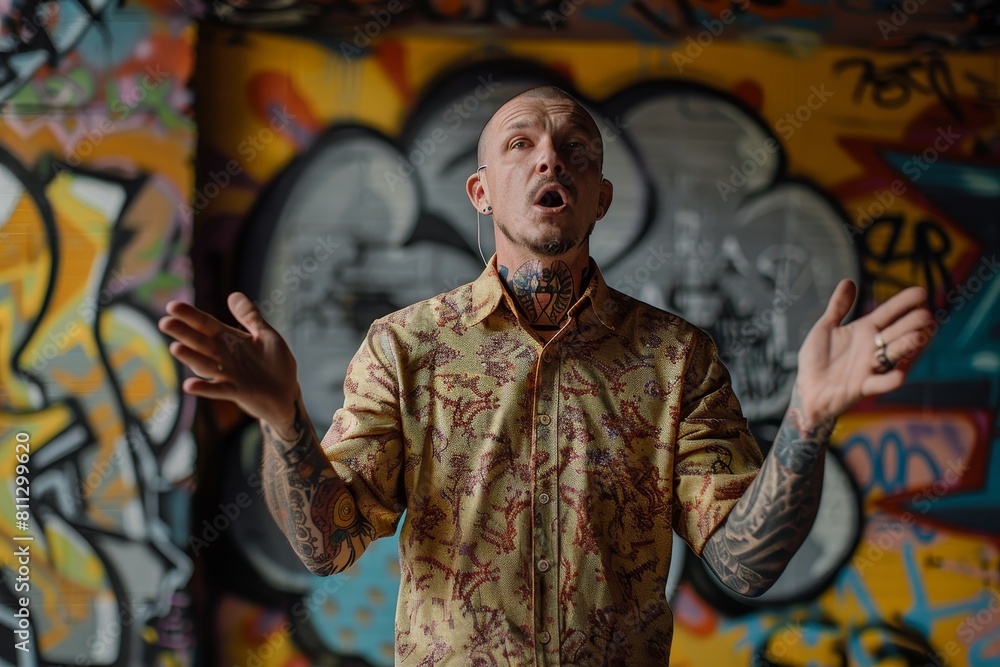 A bald professor with tattoos stands against a vibrant graffiti-covered wall, A professor with a shaved head and tattoos, standing in front of a graffiti-covered wall and reciting poetry