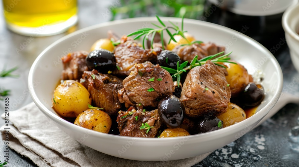 American cuisine. Lamb stewed in white wine with potatoes and olives. American cuisine. Lamb stewed in white wine with potatoes and olives.
