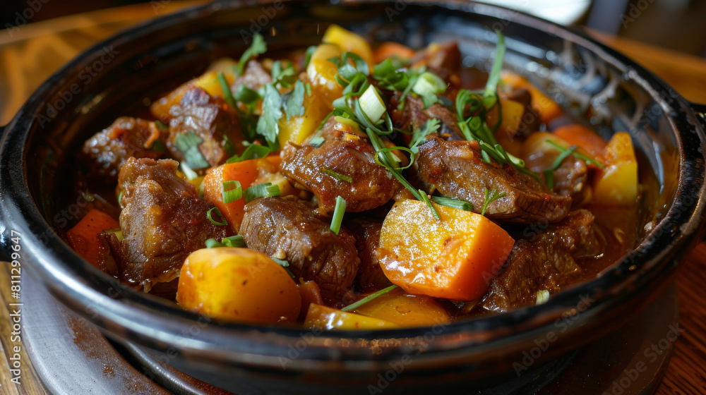 Traditional mongolian beef stew served in a black bowl with tender meat, potatoes, carrots, and garnished with green onions and herbs Traditional mongolian beef stew served in a black bowl with tender meat, potatoes, carrots, and garnished with green onions and herbs