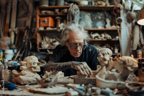 A man  a sculptor  is focused on shaping a sculpture in his workshop filled with tools  A professor with a tattoo sleeve and funky glasses  creating a sculpture in a cluttered studio