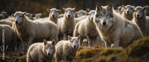 Lone wolf blending among sheep in dramatic natural sunlight