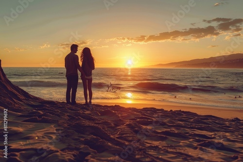 A man and woman are standing on top of a sandy beach  A proposal written in the sand at sunset