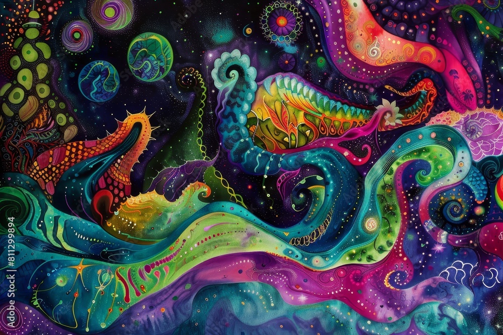 A painting of a vibrant night sky filled with stars and swirling patterns, A psychedelic dreamscape with swirling patterns and vibrant colors