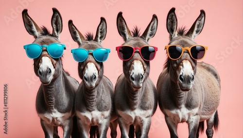 Group of five donkeys wearing stylish sunglasses on pink background