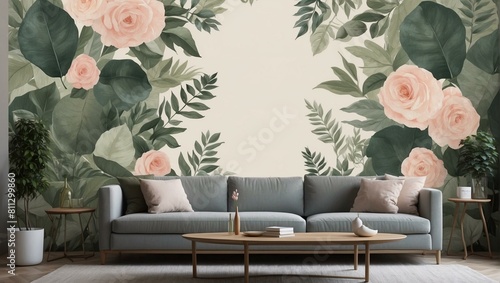 Elegant living room with floral wall mural and cozy decor photo