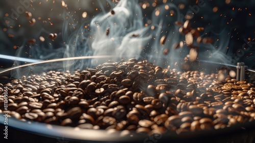 Coffee beans being roasted in a drum roaster, capturing the action and transformation of the beans, with visible steam and a warm realistic