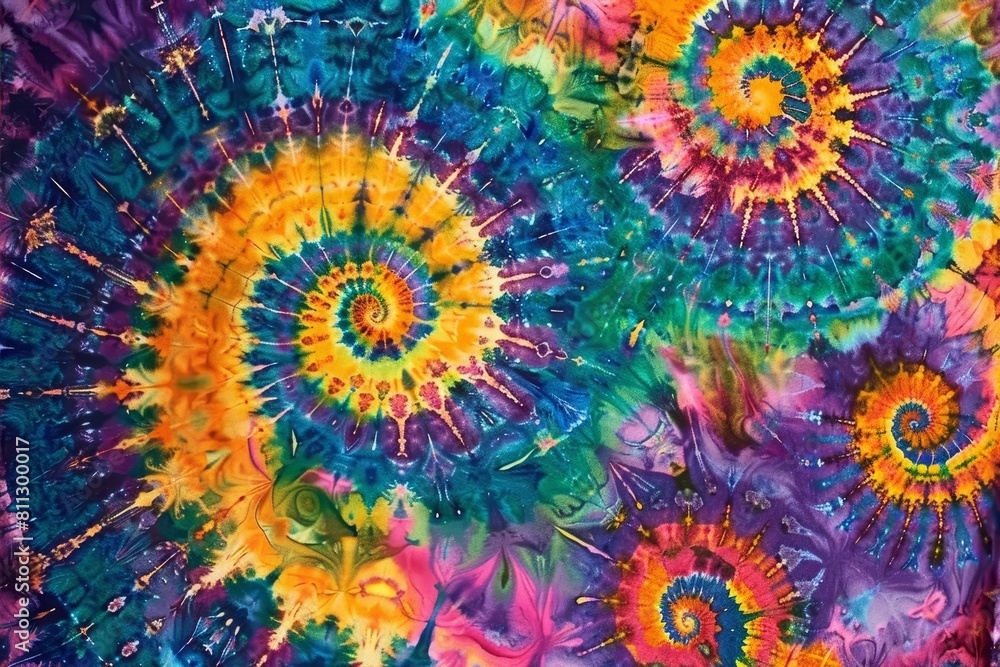 Colorful tie-dyed background featuring a mix of vibrant hues and intricate swirls in a psychedelic pattern, A psychedelic tie-dye pattern with intricate swirls and spirals