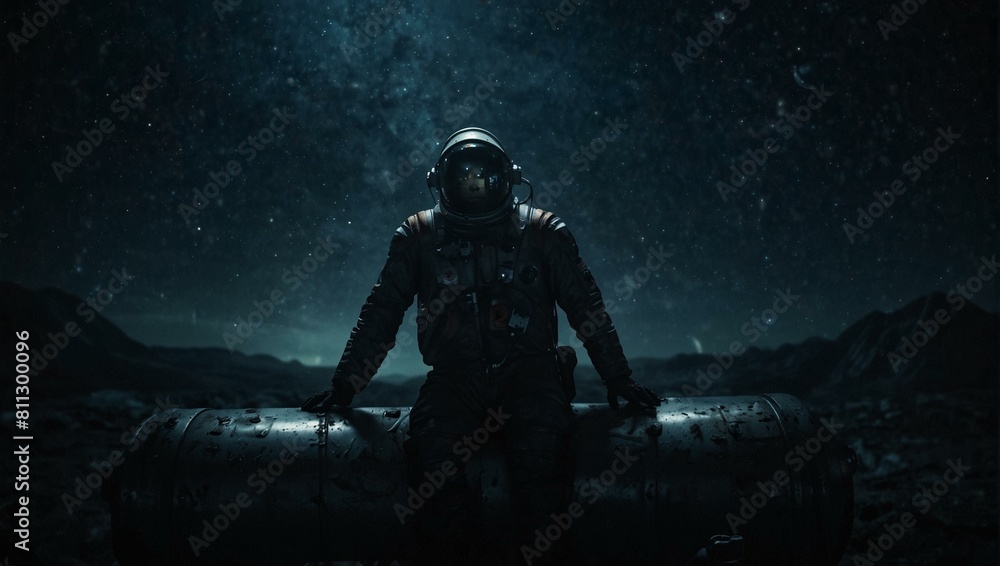 Fototapeta premium Astronaut sitting on metal debris under starry night sky