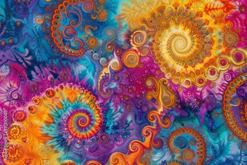 A colorful painting filled with intricate swirls in a psychedelic tiedye pattern  A psychedelic tie-dye pattern with intricate swirls and spirals