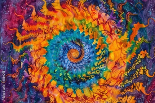 A painting featuring a psychedelic spiral design on a vibrant purple background  A psychedelic tie-dye pattern with intricate swirls and spirals
