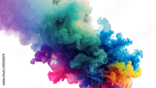 Vibrant rainbow smoke plumes against a white background