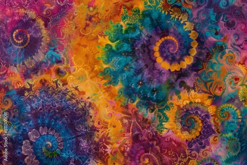 A dynamic and multicolored abstract painting filled with various shapes and hues  A psychedelic tie-dye pattern with intricate swirls and spirals