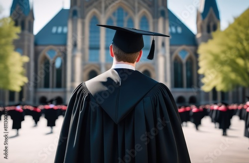 Graduate person on university background. Back view of man in black graduation hat with tassel,robe 