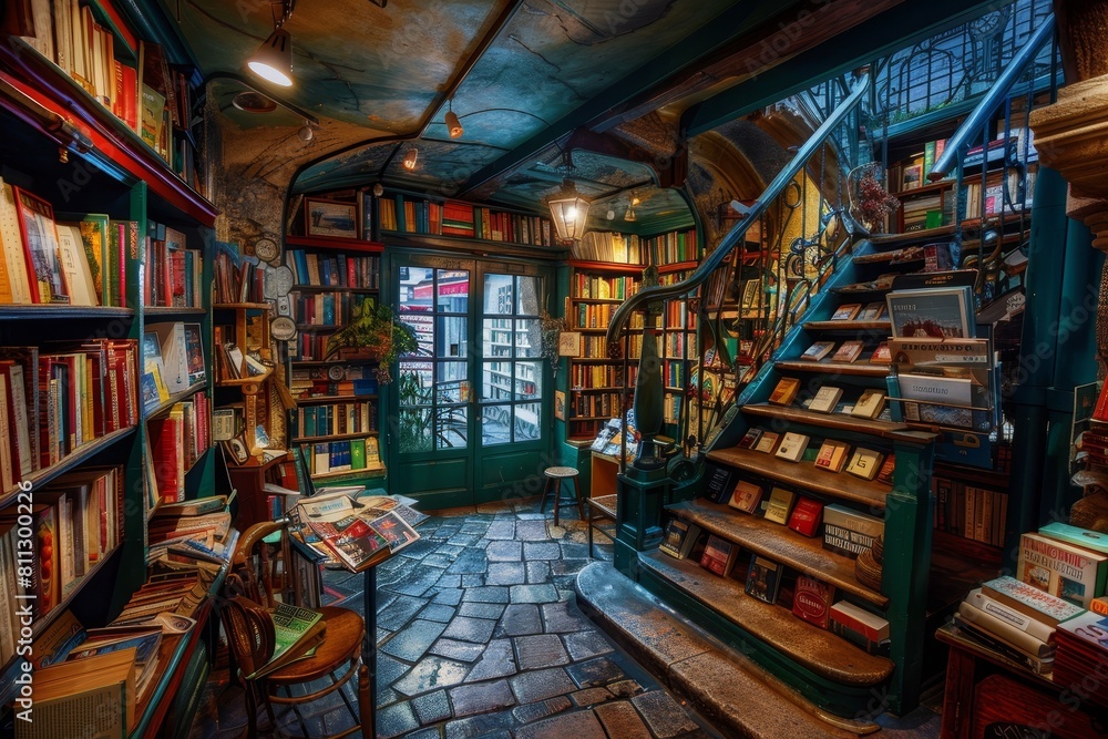 A room packed with numerous books arranged neatly on shelves, situated next to a window with natural light streaming in, A quaint bookstore with shelves filled with books and cozy reading nooks