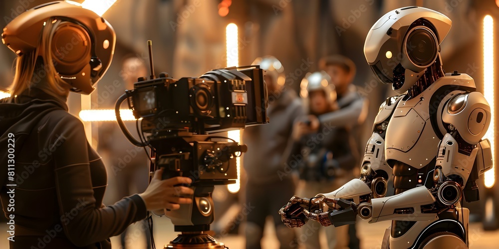 Two robots filming a movie or TV show with a funny crew. Concept Robots, Filming, Movie, TV Show, Crew