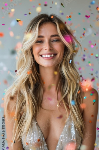 Woman in Silver Dress Surrounded by Confetti