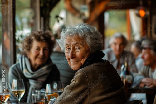 A group of individuals seated at a table, each holding a wine glass, engaged in conversation and enjoying a social gathering, A quaint village bustling with retirees sharing stories and laughter