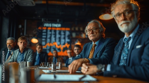 A group of men are sitting at a table in a room with a large sign behind them th