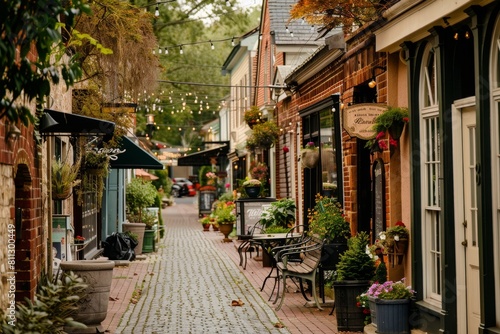 A cobblestone street in a quaint village lined with tables and chairs outside charming shops, A quaint village street lined with charming shops and cozy cafes © Iftikhar alam