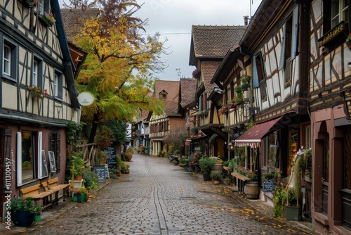 Old cobblestone street with charming shops in a European village  A quaint village street lined with charming shops and cozy cafes