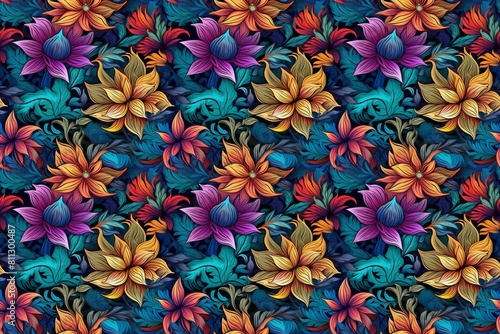Vibrant floral pattern with colorful leaves and petals on dark background. Fantasy Flowers - flowers that only exist in a fantasy world  with magical properties or vibrant colors.