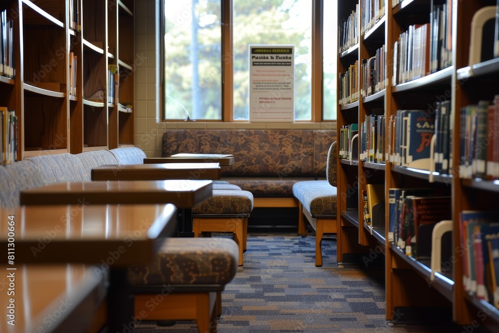 A library packed with shelves of various books and multiple pieces of furniture, providing a cozy and functional study space, A quiet corner of the library where students can escape into books