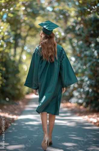 Graduating Woman Walks Down Path