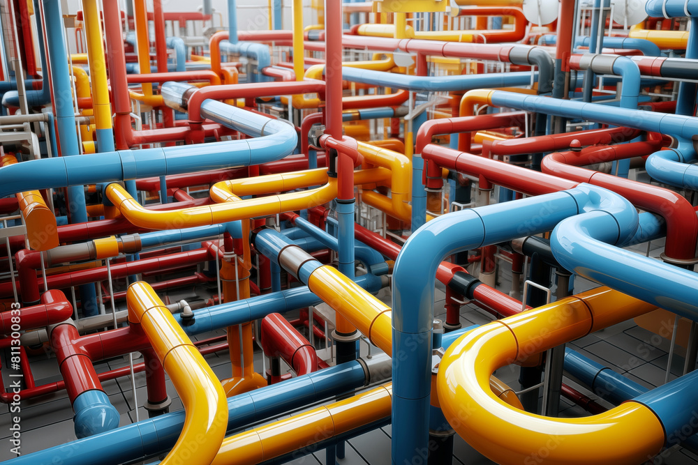 Complex network of multicolored pipes. Industrial pipeline system concept.