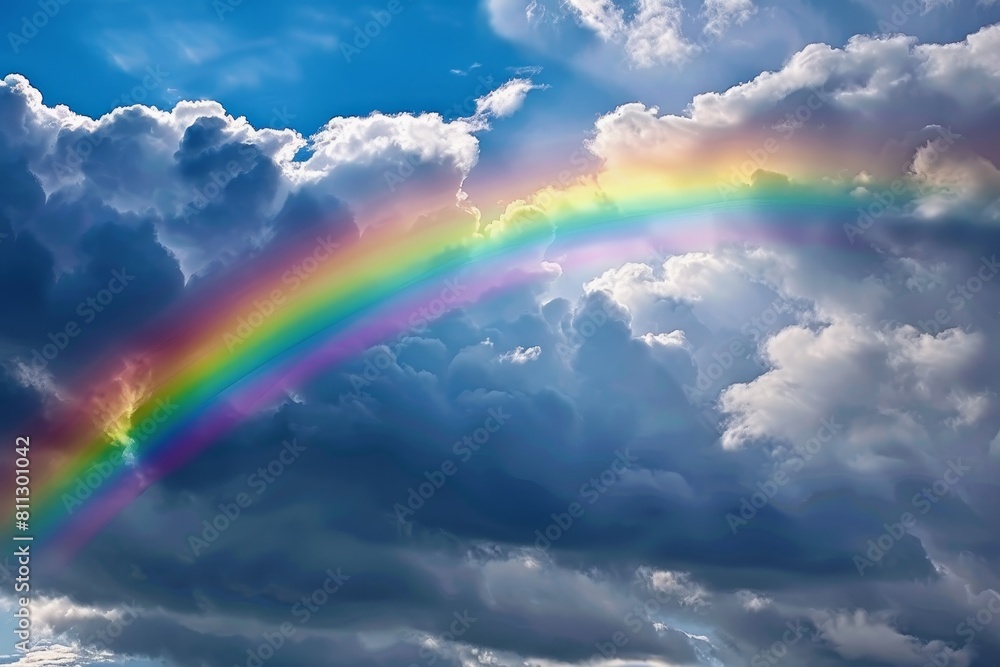 A vibrant rainbow arches across the sky, contrasting with dark clouds in the background, A rainbow spanning across a cloudy sky after a spring shower