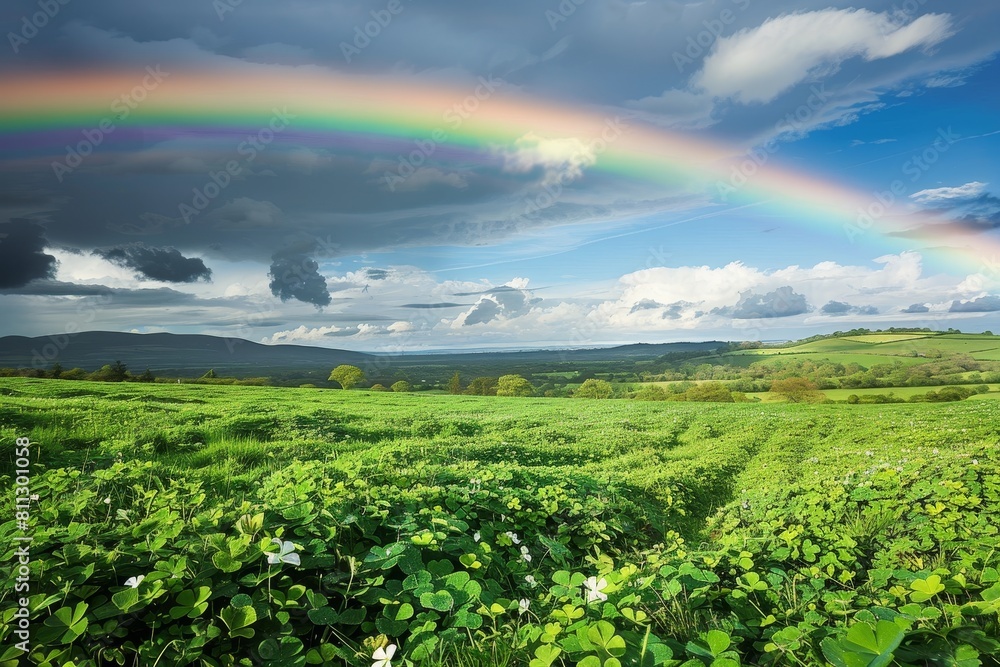 A rainbow arcs across a lush green field of clover, A rainbow stretching across a field of clovers