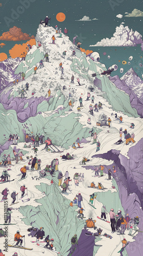 a large colored drawing of people being on a mountain slope ski fest, in the style of iconic pop