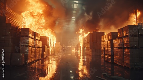 Warehouse filled with boxes and crates, with a fire raging through the middle photo