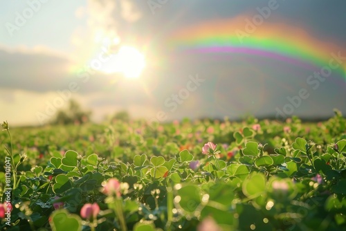 A rainbow arches over a lush field of clover  contrasting against the green vegetation  A rainbow stretching across a field of clovers