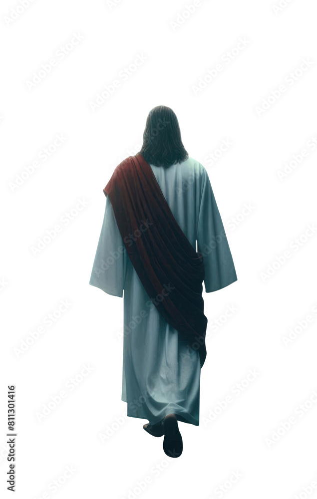 Full view silhouette of Jesus Christ walking away. Fully visible. Transparent background PNG. White and red robe. Long hair. Prophet. Disciple. Religious Christian concept art. Full view silhouette of Jesus Christ walking away. Fully visible. Transparent background PNG. White and red robe. Long hair. Prophet. Disciple. Religious Christian concept art.