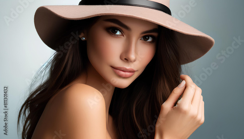 Portrait of a beautiful long-haired brunette woman in a wide-brimmed beige hat