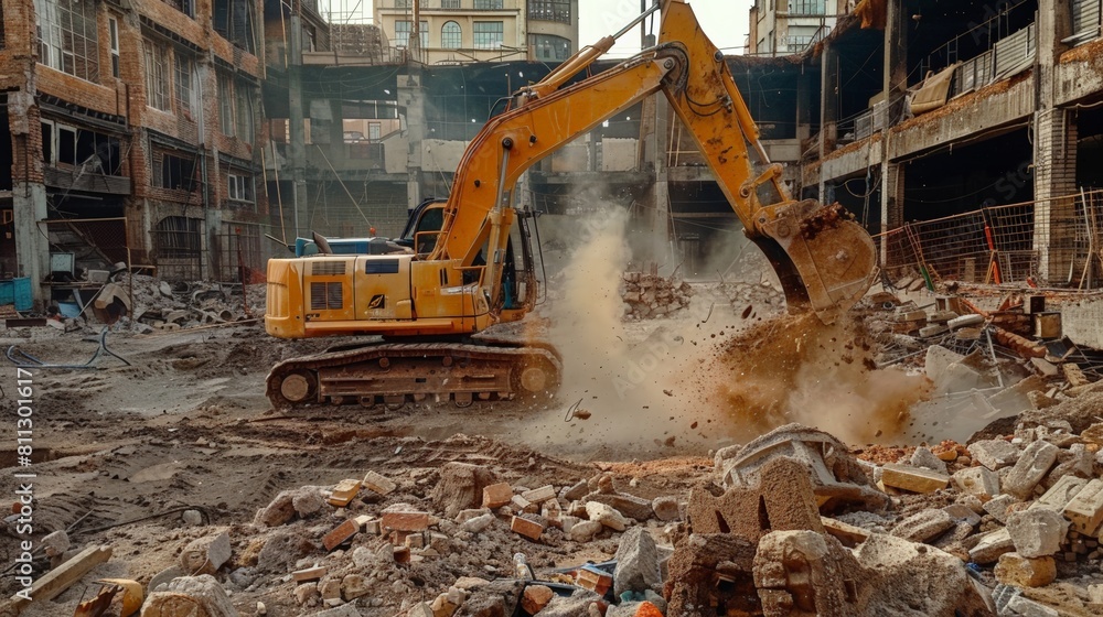 Fototapeta premium Excavator is digging into a pile of rubble