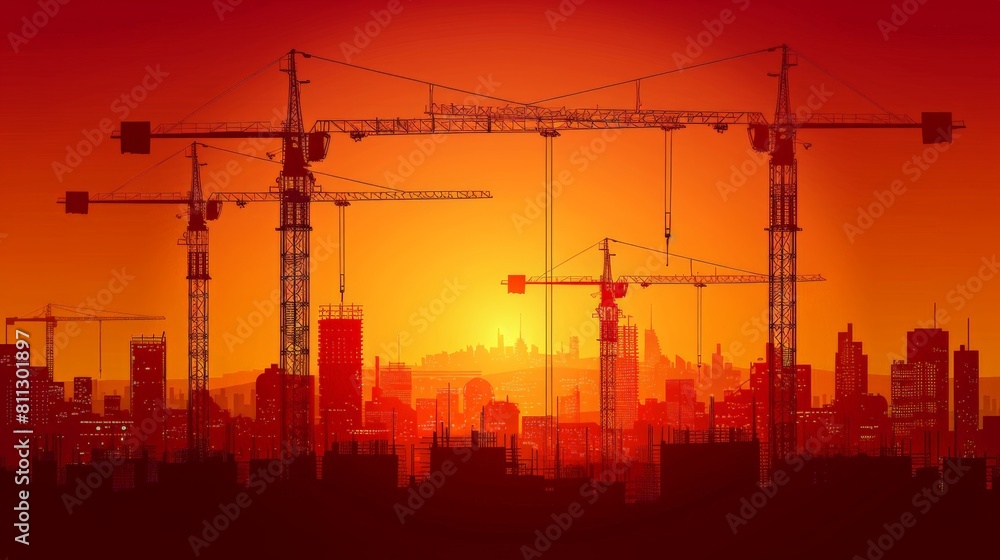 Silhouette tower cranes at construction site with a sunset in the background