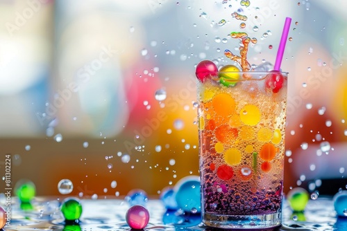 Glass containing liquid with vibrant, floating balls of various colors, A refreshing drink with colorful bubbles floating above photo