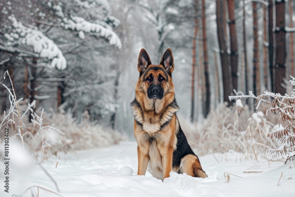 A German Shepherd dog is seated in the snow, A regal german shepherd standing guard in a snowy forest A German Shepherd dog is seated in the snow, A regal german shepherd standing guard in a snowy forest