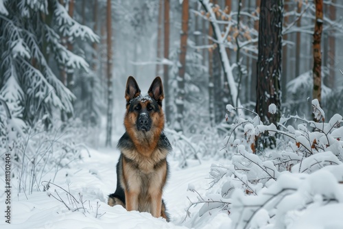 A majestic German Shepherd sits in the snow amongst tall trees in a forest setting, A regal german shepherd standing guard in a snowy forest