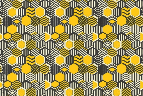 Stylish geometric pattern with a combination of yellow, black, and white hexagons. photo
