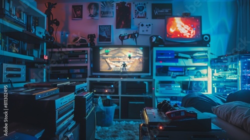 A television, gaming console, or computer for entertainment purposes. These might be accompanied by stacks of video games, DVDs, or streaming subscriptions  photo