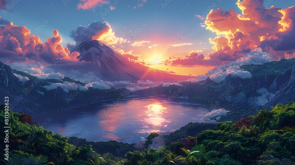illustration of a volcanic crater lake surrounded by lush vegetation. Smoke rises from the crater in the distance, while the lake reflects the vibrant colors of the sky