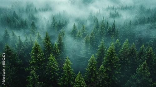 A foggy forest with pine trees and mist. photo