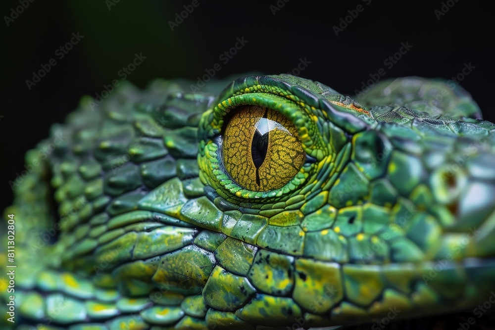 Fototapeta premium Detailed view of a green lizards eye, showcasing vibrant colors and intricate details, A reptile with vibrant green scales and sharp, yellow eyes