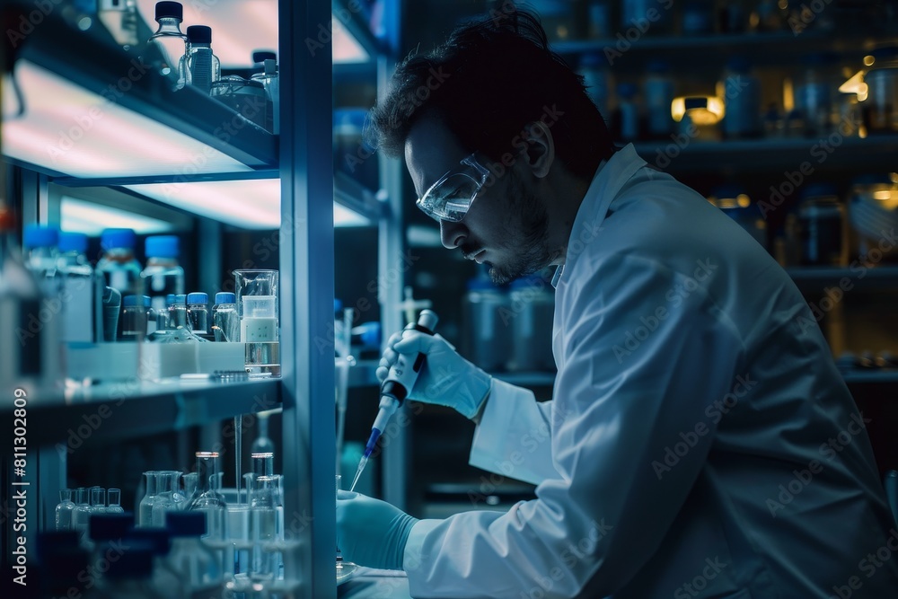 A man in a lab coat working diligently in a laboratory setting, A respected scientist conducting groundbreaking research in a state-of-the-art lab A man in a lab coat working diligently in a laboratory setting, A respected scientist conducting groundbreaking research in a state-of-the-art lab