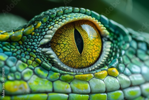 Detailed view of a lizards eye with vibrant green scales and a sharp yellow iris, showcasing intricate details, A reptile with vibrant green scales and sharp, yellow eyes