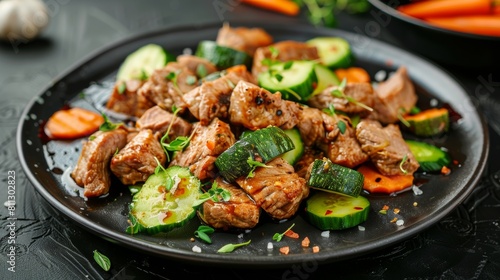 American cuisine. Pork with cucumbers, zucchini and carrots.