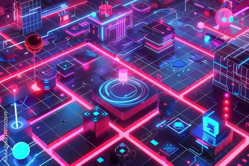 A futuristic cityscape illuminated by neon lights, creating a vibrant and colorful scene, A retro 80s arcade game-inspired grid with neon grids and pixelated shapes